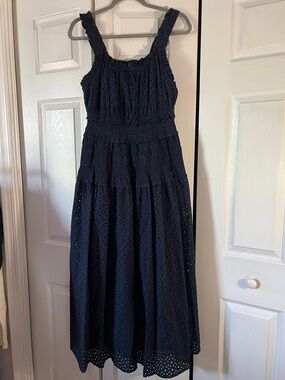 Elie Tahari Navy Eyelet Smocked Maxi Dress